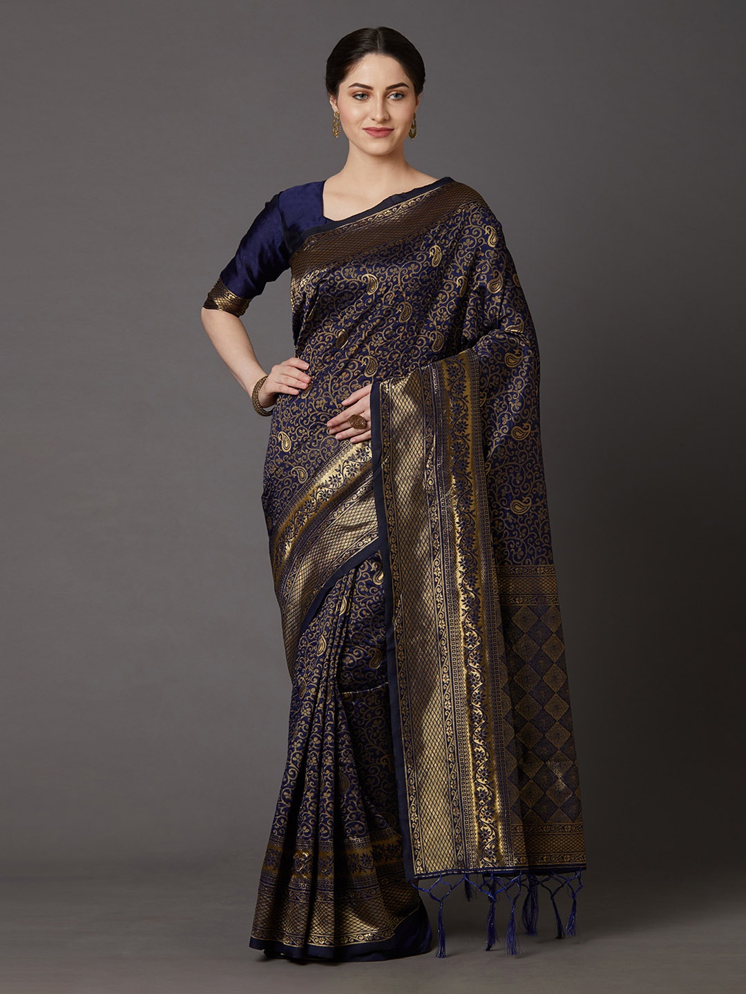 

Mitera Gold-Toned & Navy Blue Silk Blend Woven Design Banarasi Saree