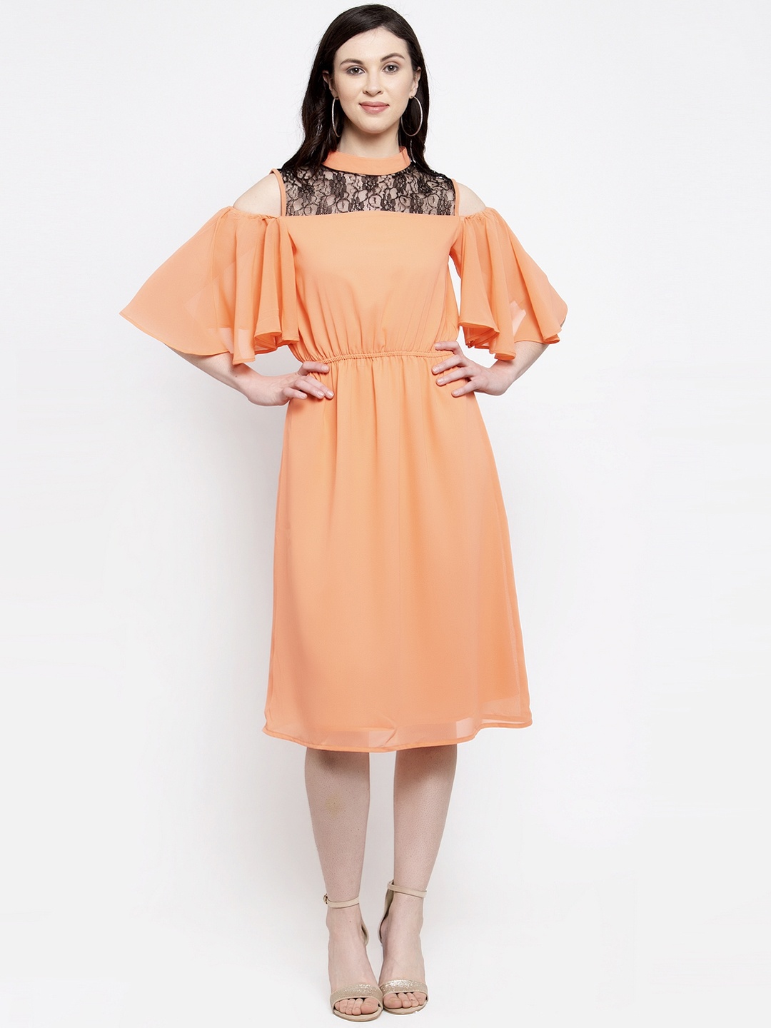 

Karmic Vision Women Peach-Coloured Solid Fit and Flare Dress