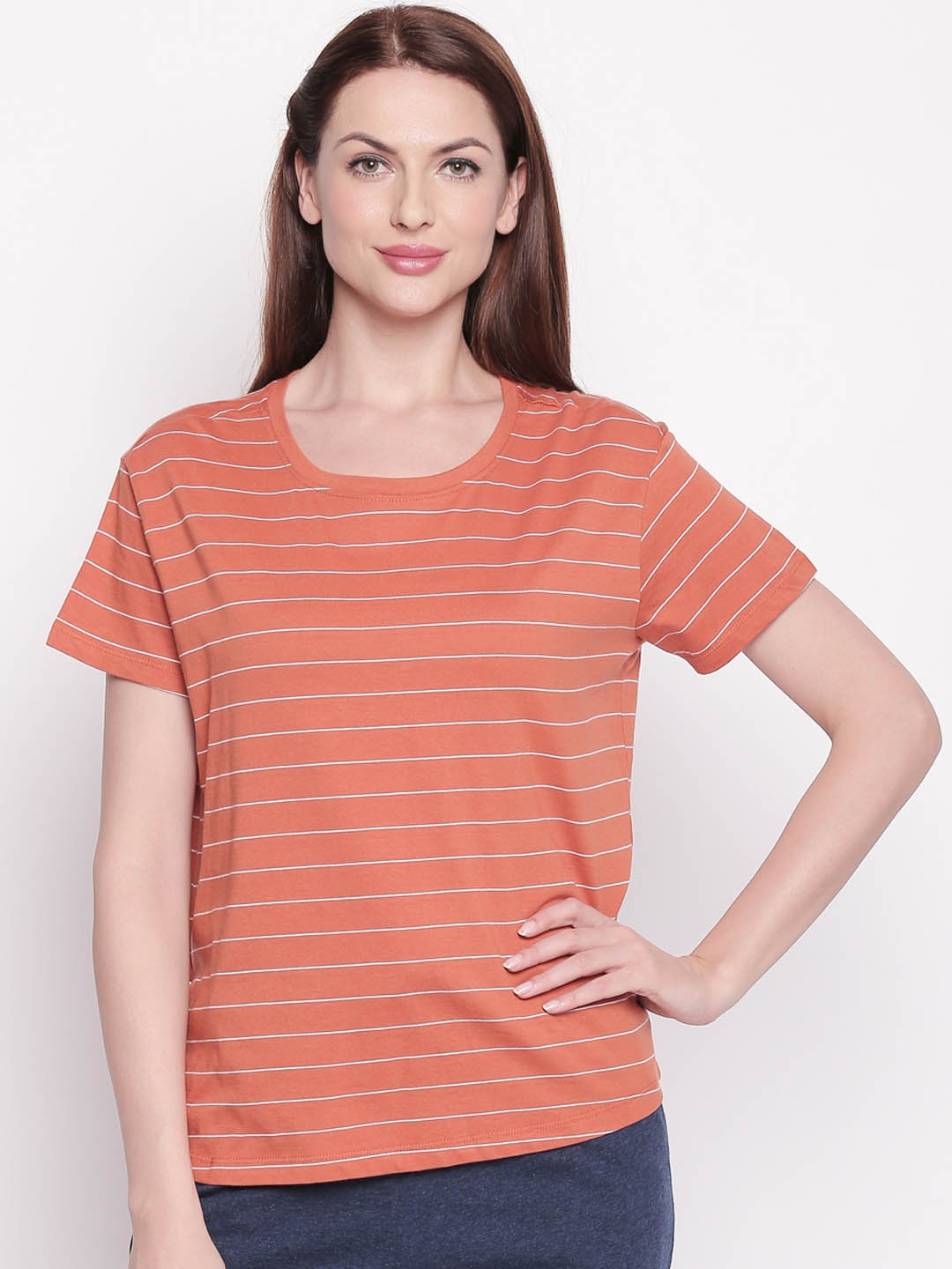 

Dreamz by Pantaloons Women Rust Orange & White Striped Pure Cotton Lounge tshirt
