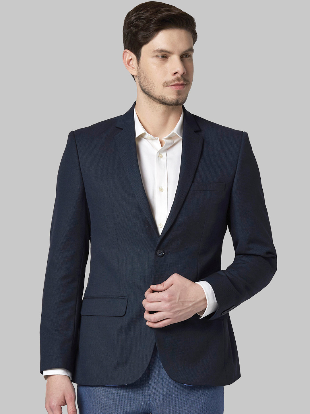 

Park Avenue Men Navy Blue Solid Single-Breasted Formal Blazer