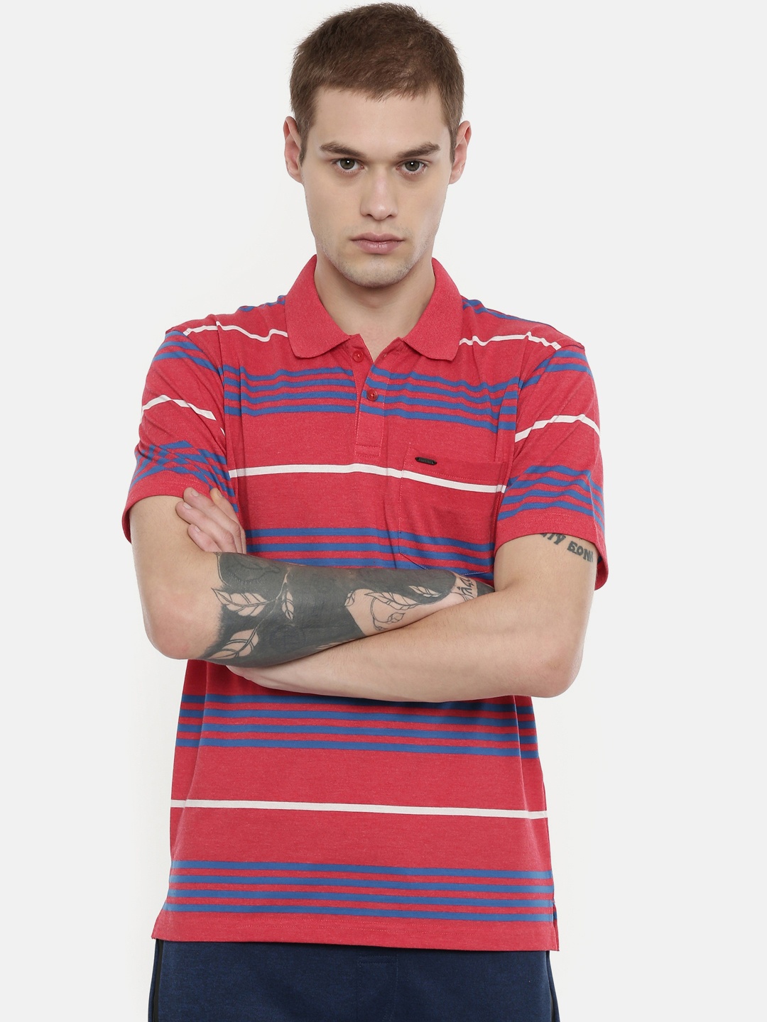 

Proline Men Red & Blue Striped Polo Collar T-shirt