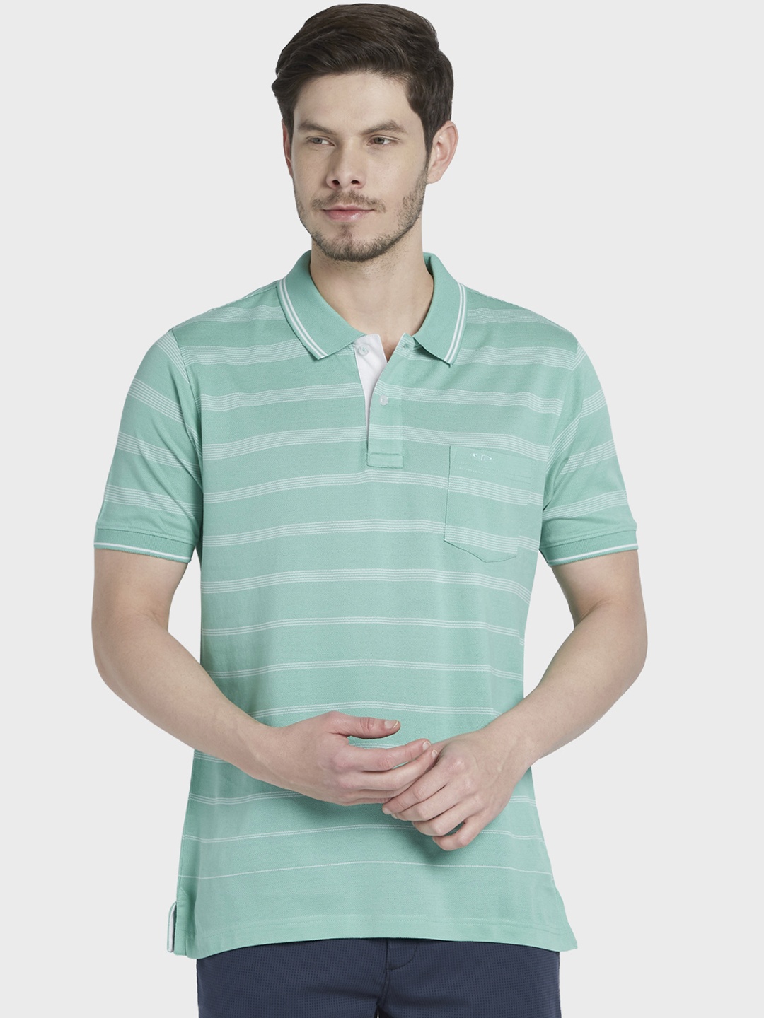 

ColorPlus Men Green Striped Polo Collar T-shirt