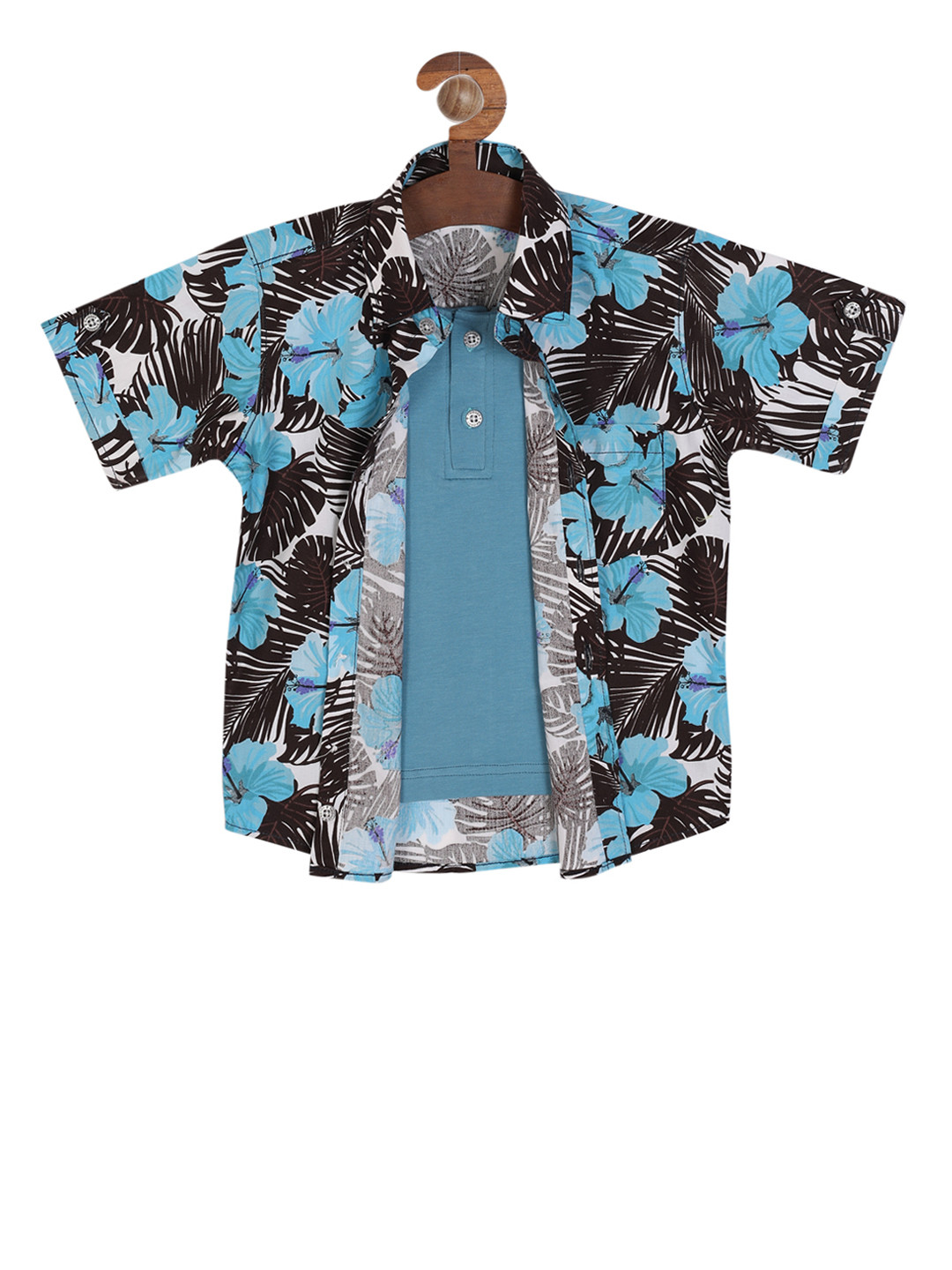 

RIKIDOOS Boys Coffee Brown & Blue Regular Fit Printed Casual Layered Shirt