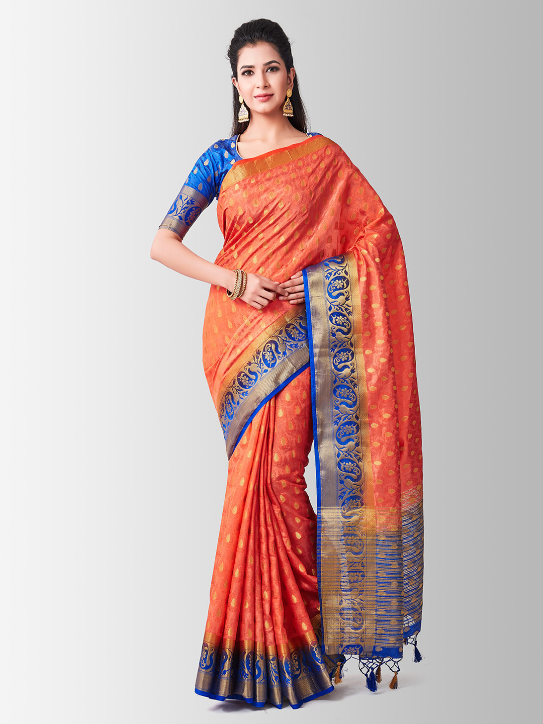 

Mitera Orange & Blue Art Silk Woven Design Kanjeevaram Saree