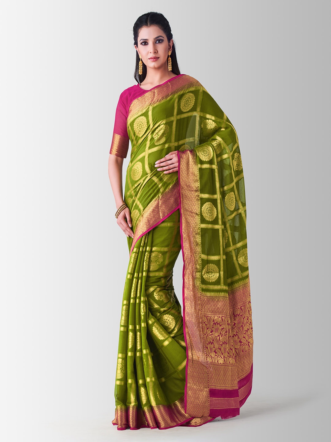 

Mitera Green & Pink Poly Chiffon Embellished Patola Saree