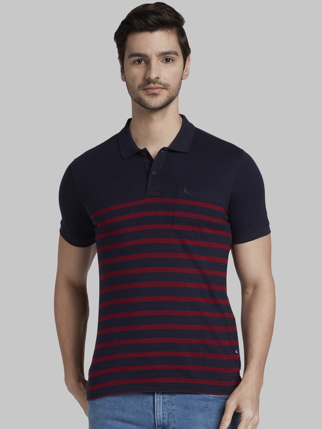 

Parx Men Navy Blue & Red Striped Polo Collar T-shirt