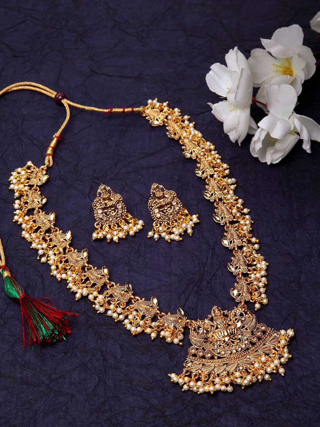 

Shining Diva Gold-Plated & Off-White Pearl Embellished Temple Jewellery Set