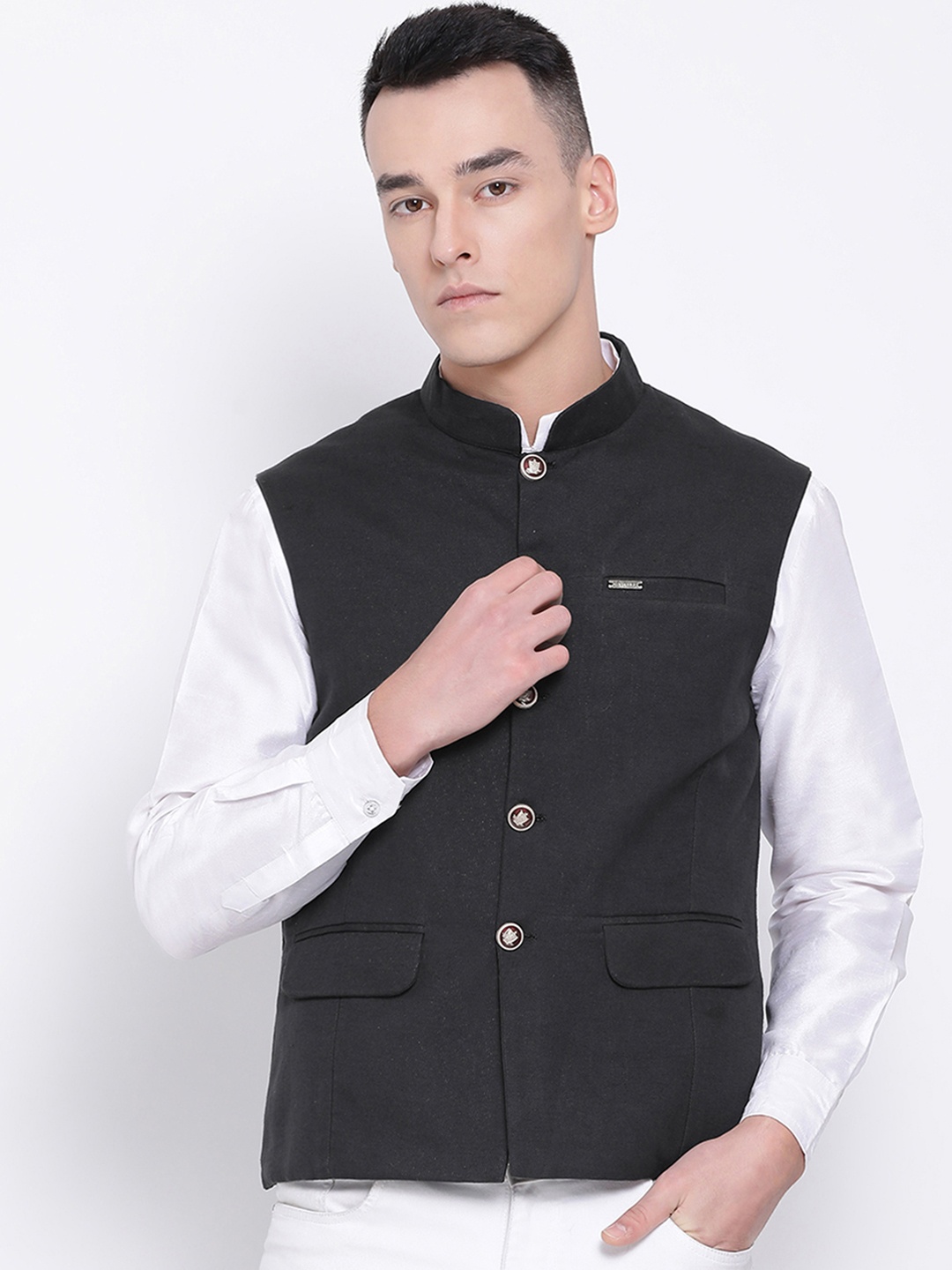 

DEVOILER Men Black Solid Woven Pure Cotton Nehru Jacket