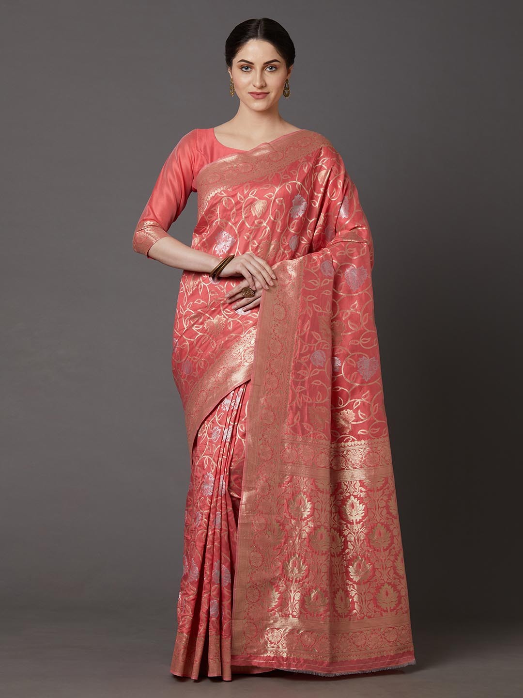 

Mitera Pink & Gold-Toned Silk Blend Woven Design Banarasi Saree