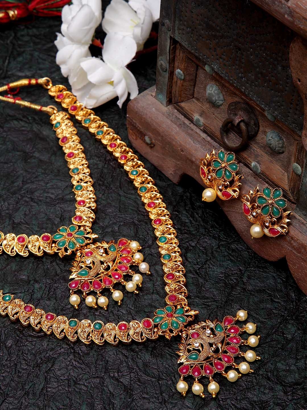 

Shining Diva Gold-Plated Red & Green Stone Studded Pearl Embellished Antique Jewellery Set