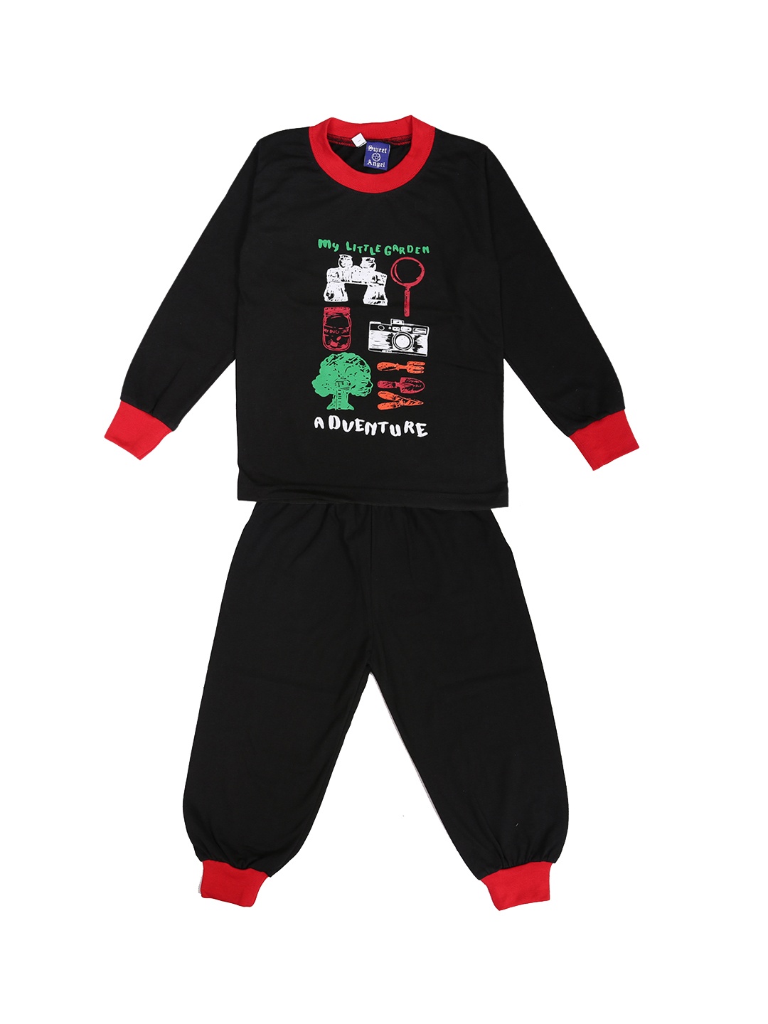 

SWEET ANGEL Girls Black & White Printed Night Suit