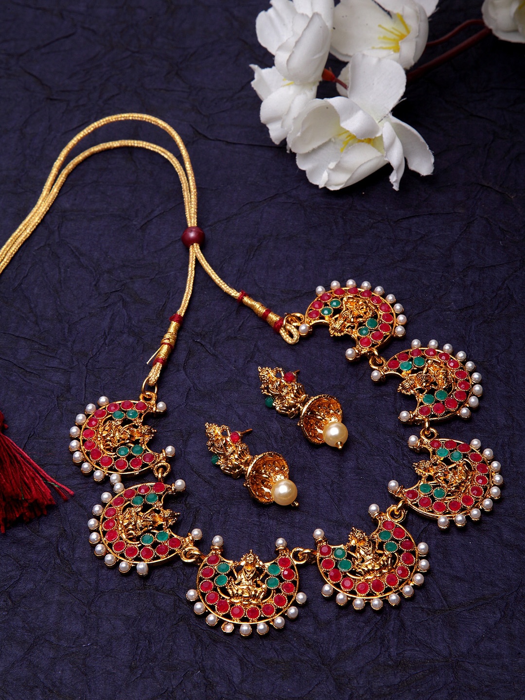 

Shining Diva Gold-Plated Maroon & Green Stone Studded Pearl Embellished Temple Jewellery Set
