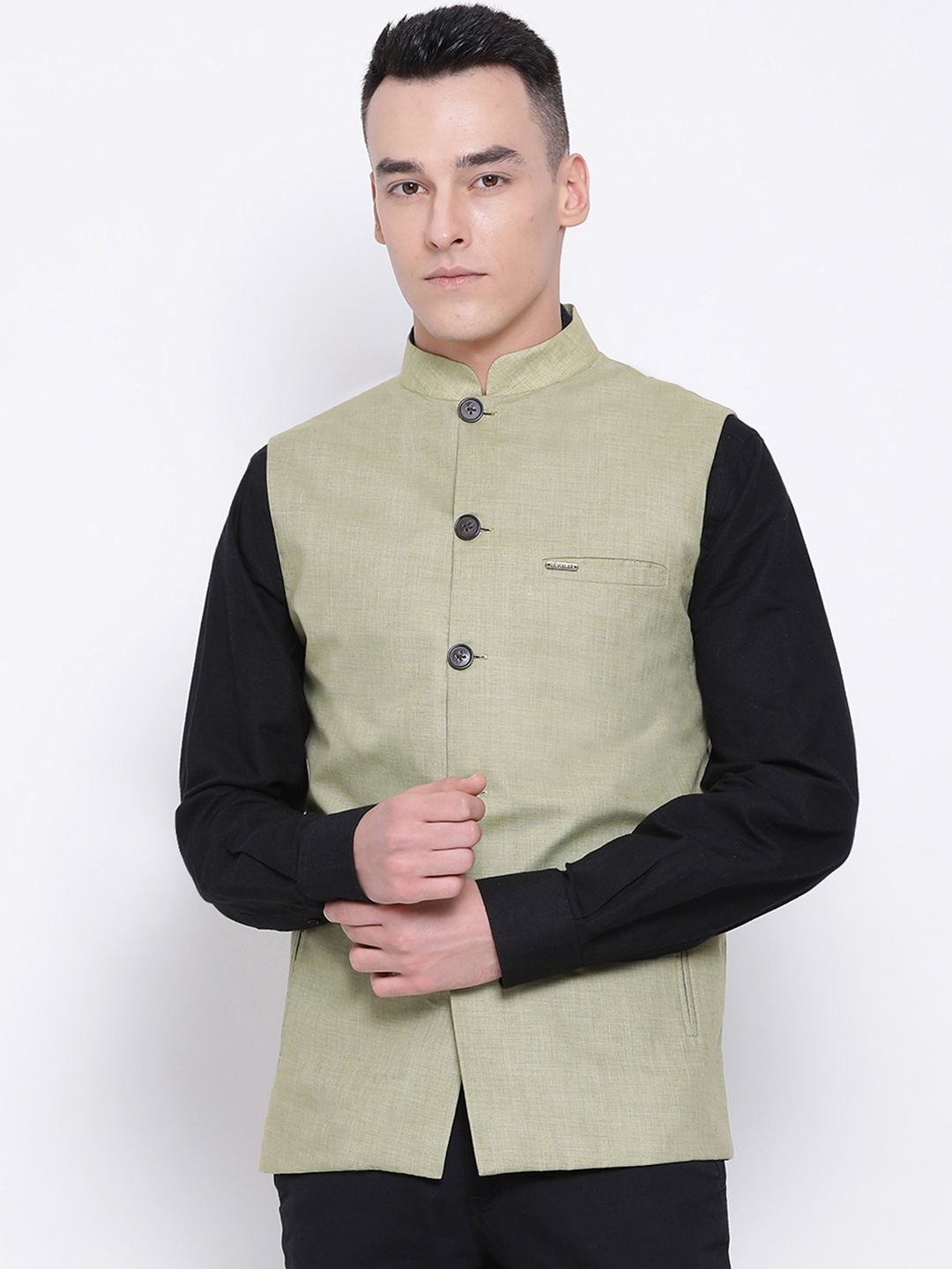 

DEVOILER Men Green Solid Woven Pure Cotton Nehru Jacket