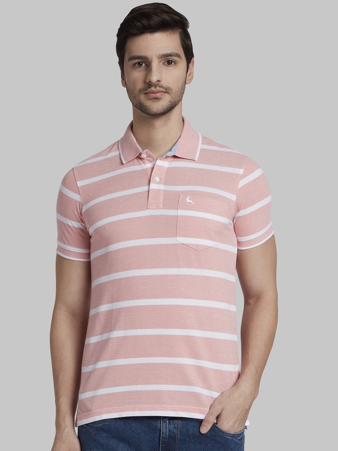 

Parx Men Peach-Coloured Striped Polo Collar T-shirt