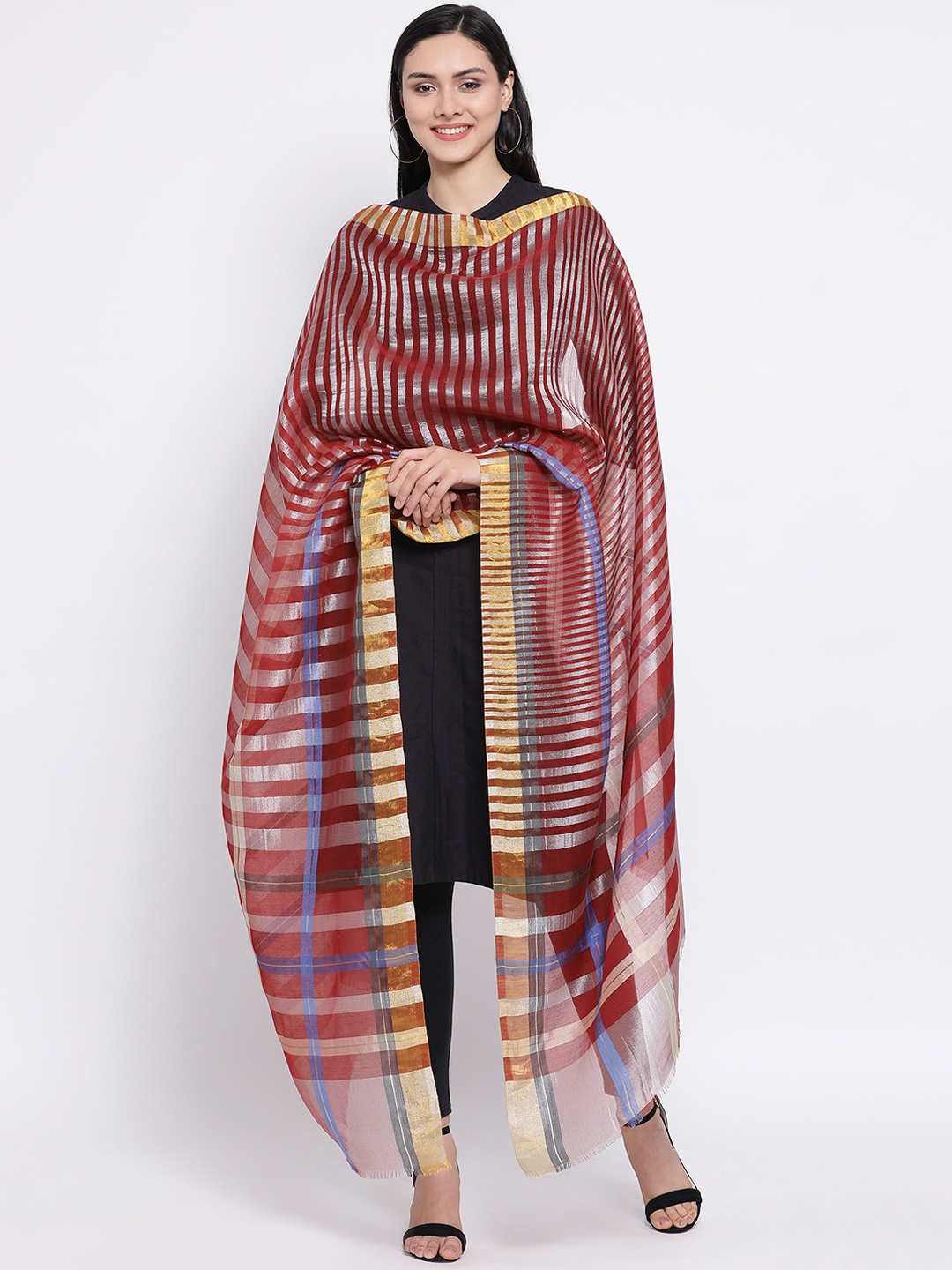 

SHINGORA Maroon & Silver-Toned Striped Antimicrobial Sustainable Dupatta