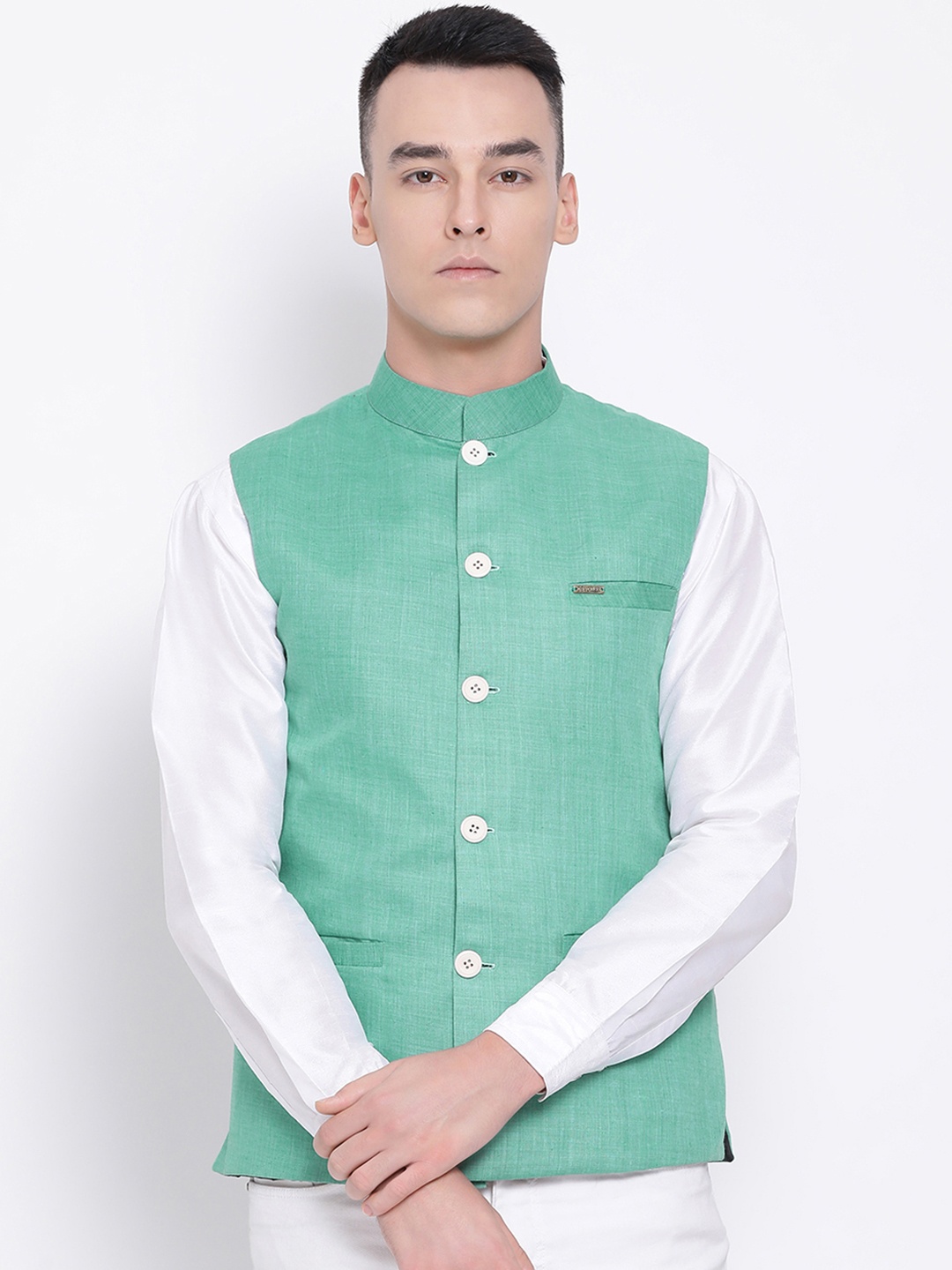 

DEVOILER Men Green Solid Woven Pure Cotton Nehru Jacket