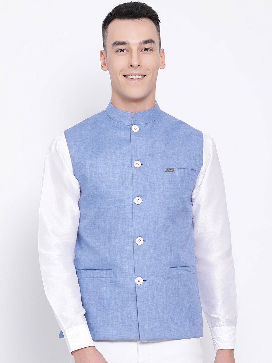 

DEVOILER Men Blue Solid Woven Pure Cotton Nehru Jacket