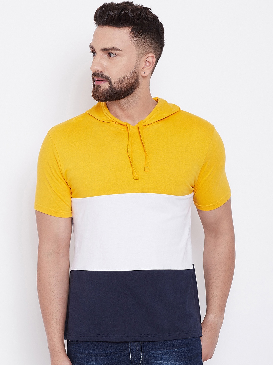 

The Dry State Men Mustard Yellow & White Colourblocked Hood T-shirt