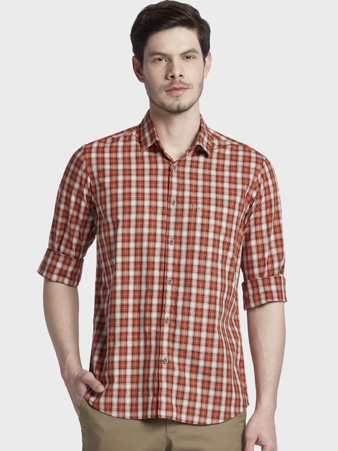 

ColorPlus Men Orange & White Tailored Fit Checked Casual Shirt