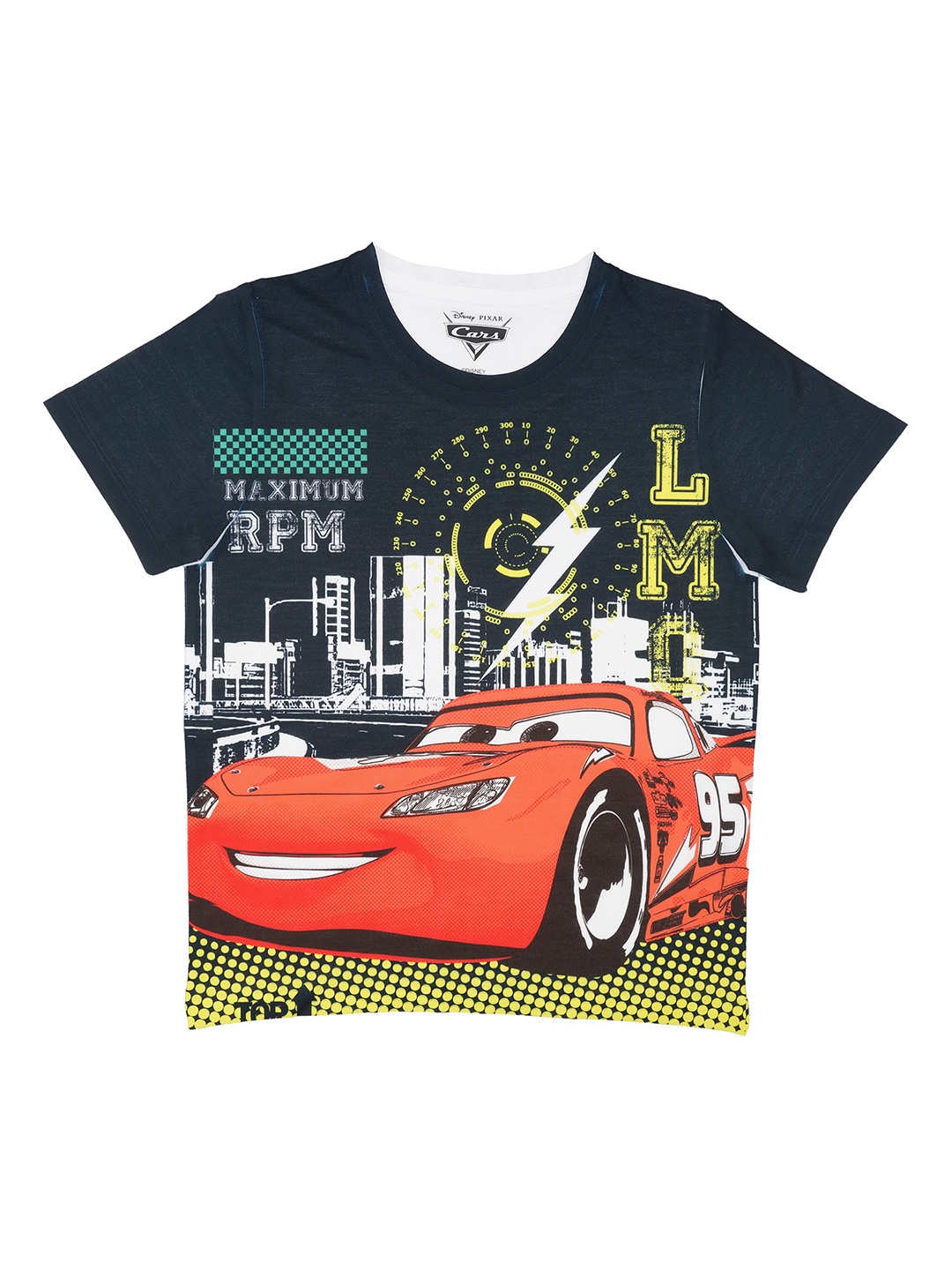 

YK Disney Boys Black Cars Printed Round Neck T-shirt