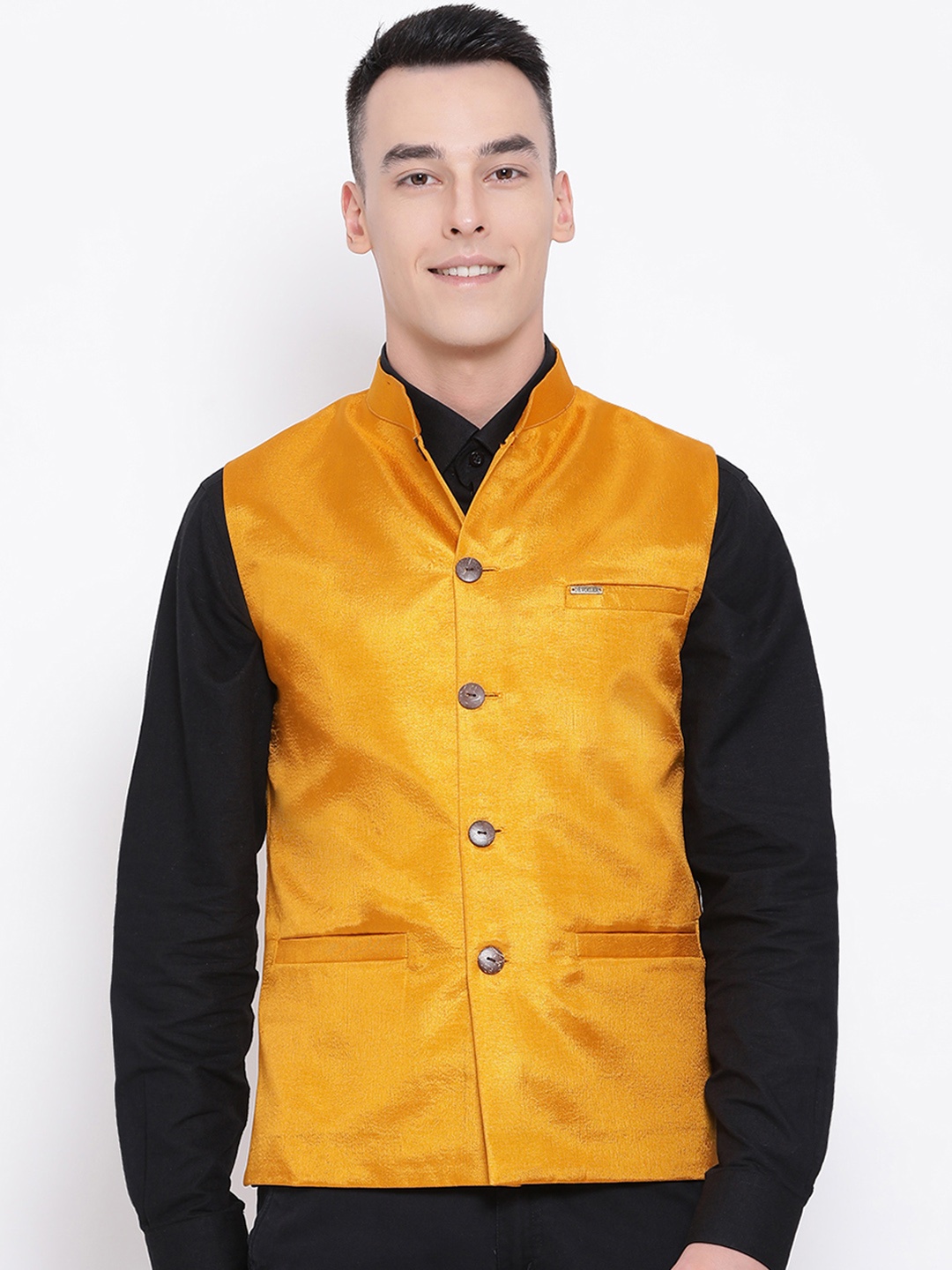 

DEVOILER Men Orange Solid Woven Pure Cotton Nehru Jacket