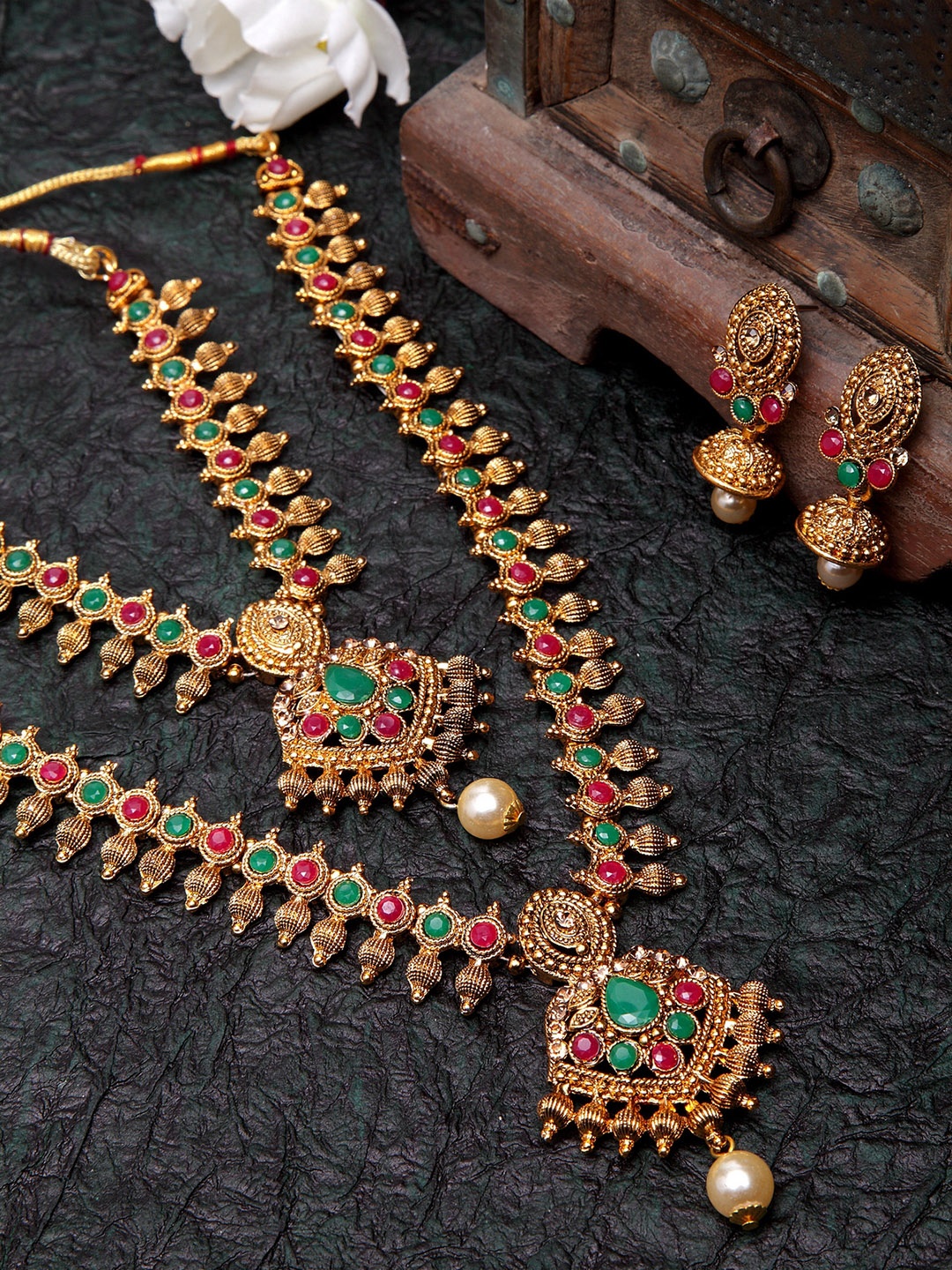 

Shining Diva Gold-Plated Red & Green Stone Studded Pearl Embellished Antique Jewellery Set