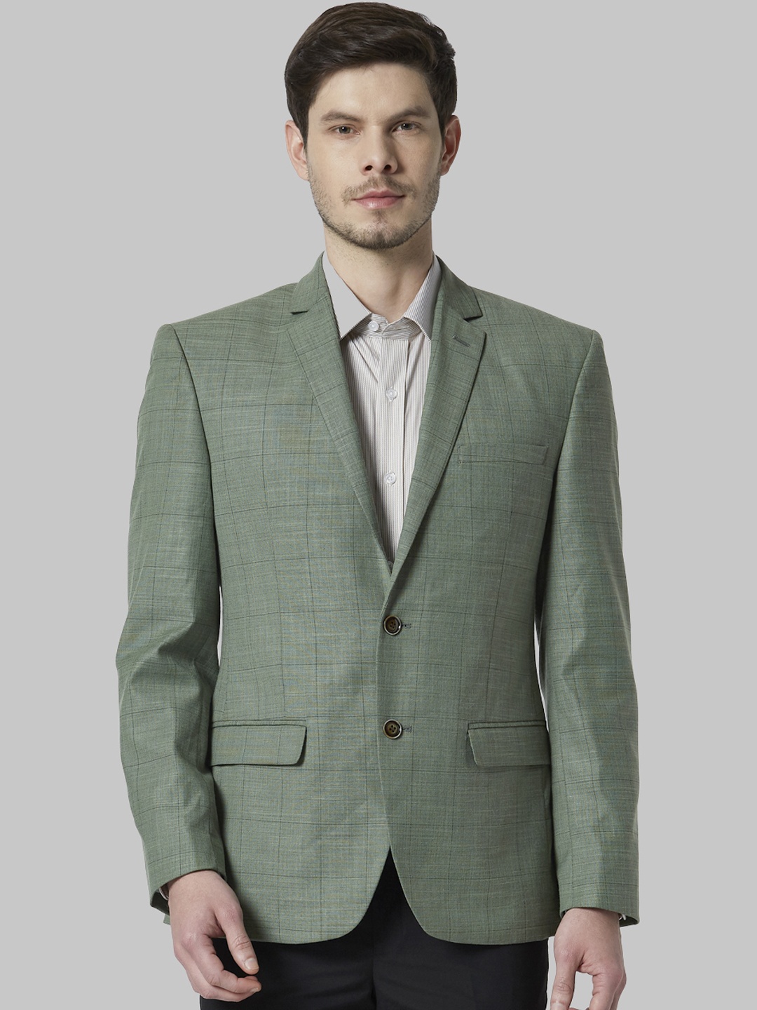 

Park Avenue Men Green Checked Single-Breasted Formal Blazer