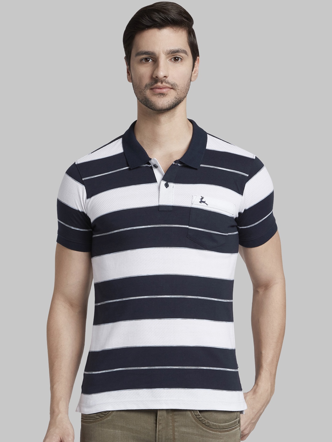 

Parx Men Navy Blue & White Striped Polo Collar T-shirt