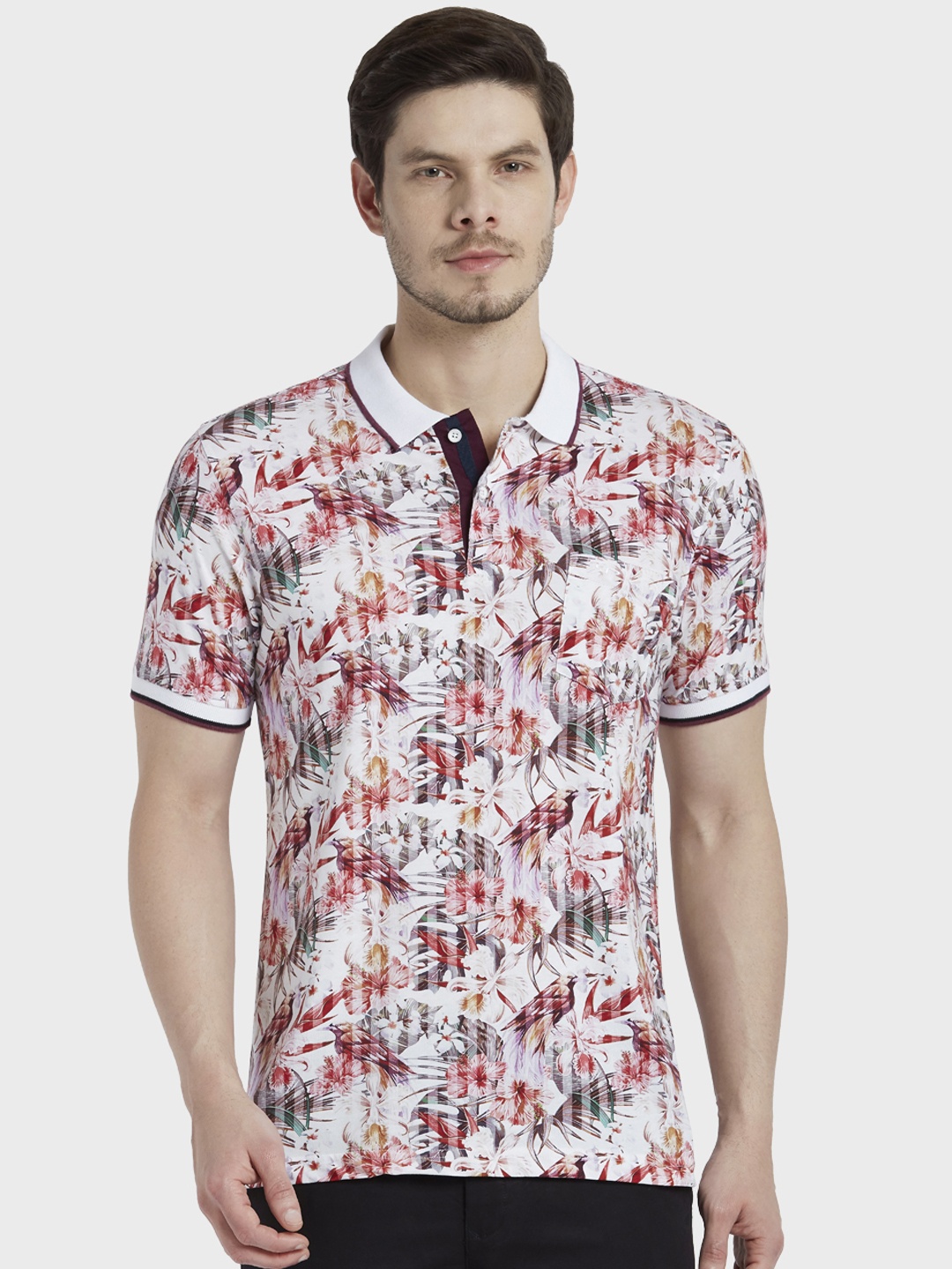 

ColorPlus Men White & Red Printed Polo Collar T-shirt