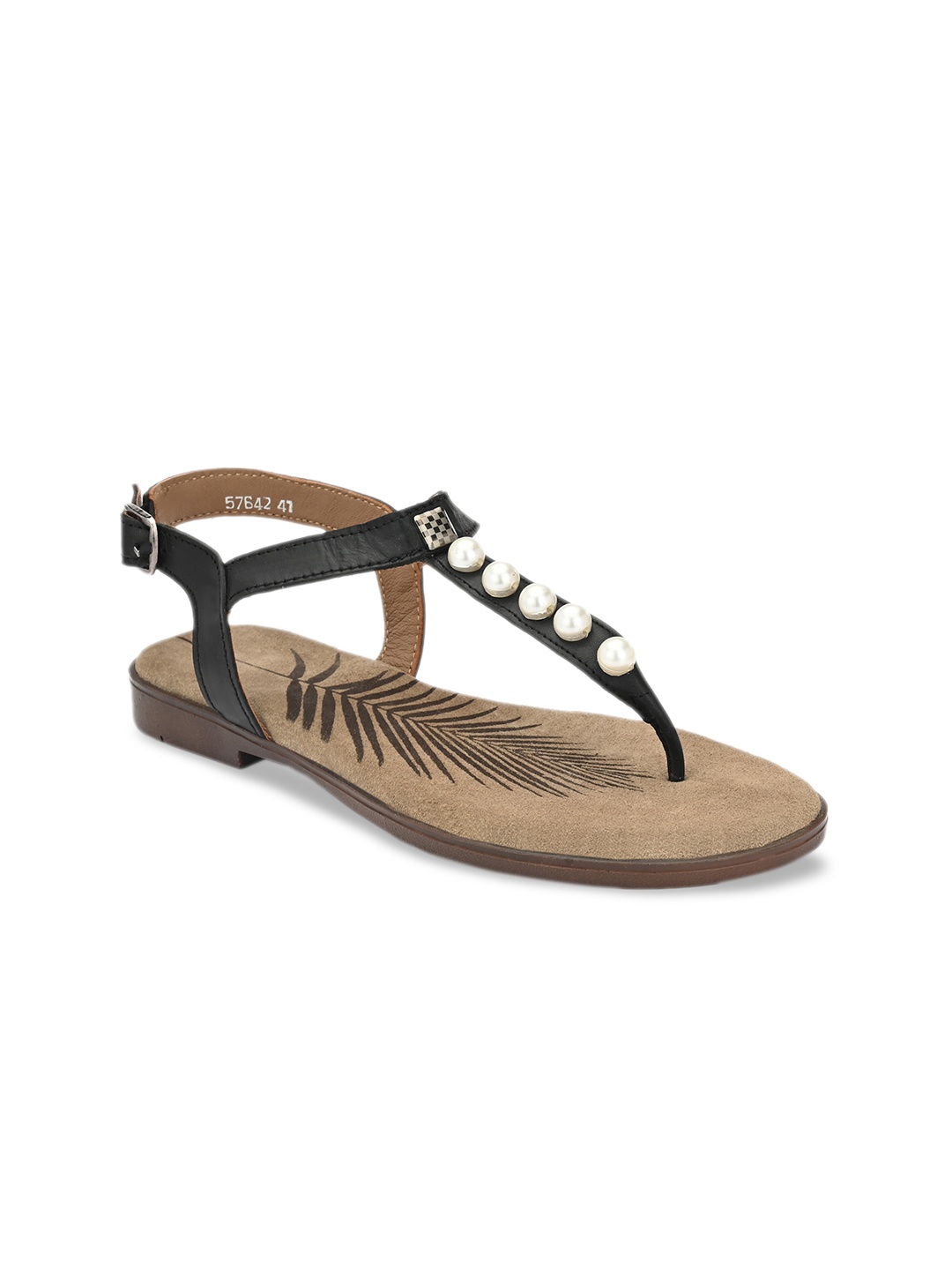 

Delize Women Black Embellished Leather T-Strap Flats