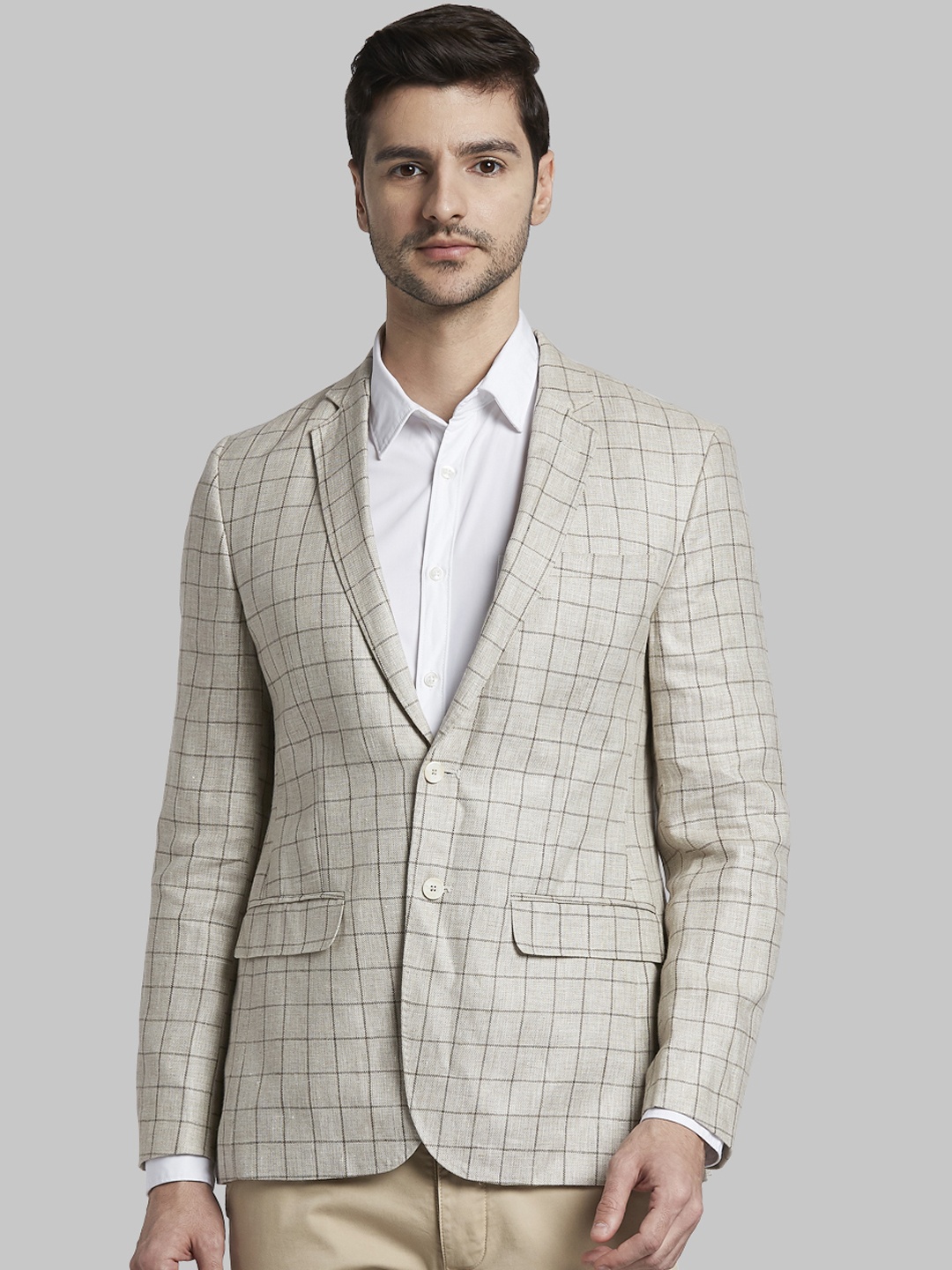 

Parx Men Beige & Brown Checked Linen Single-Breasted Formal Blazer, Khaki
