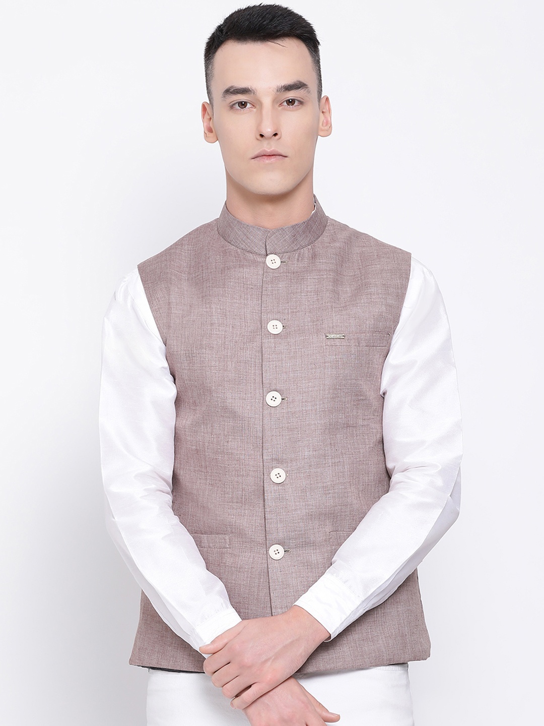 

DEVOILER Men Brown Solid Woven Pure Cotton Nehru Jacket