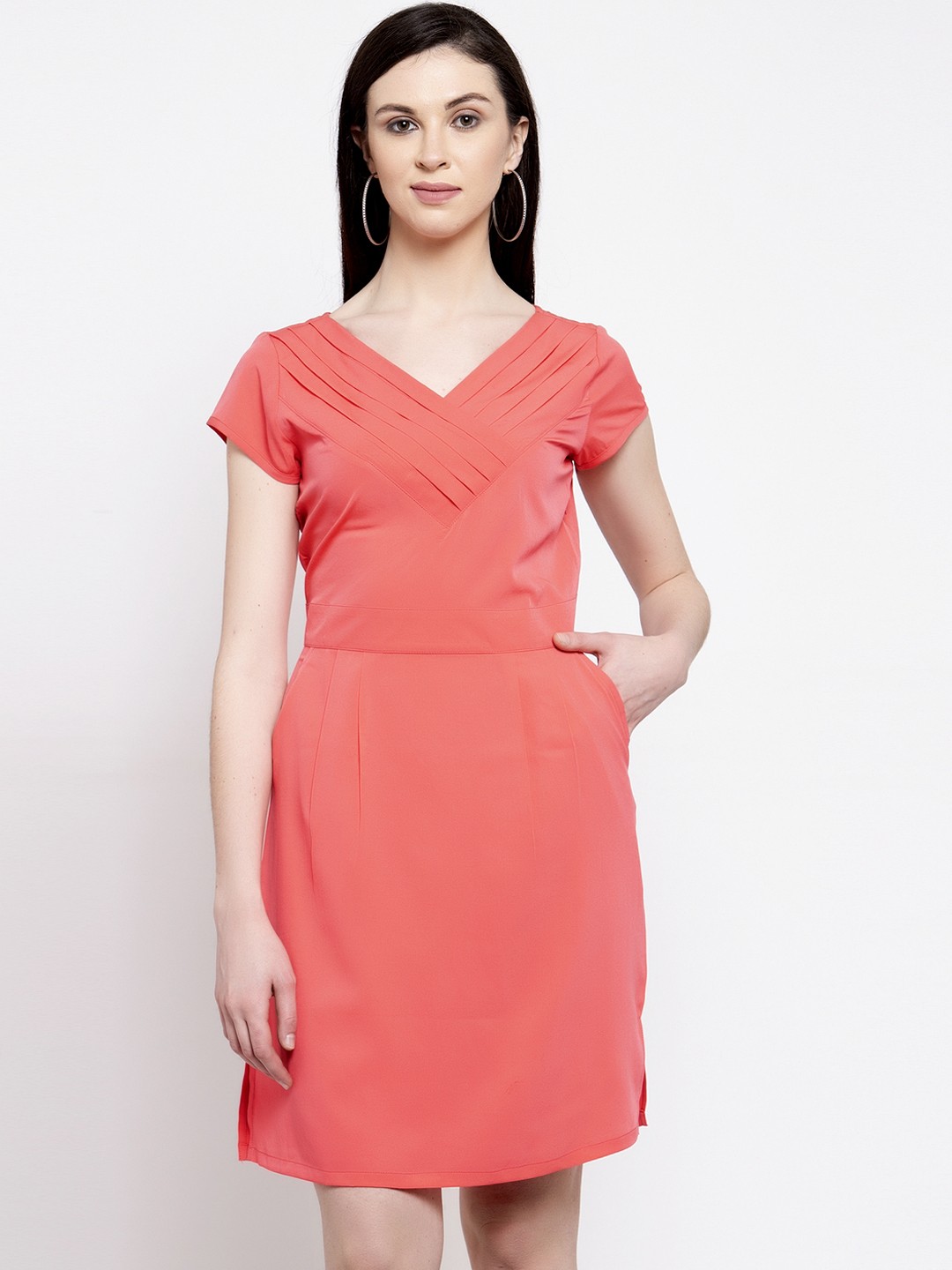 

Karmic Vision Women Coral Solid Fit and Flare Dress