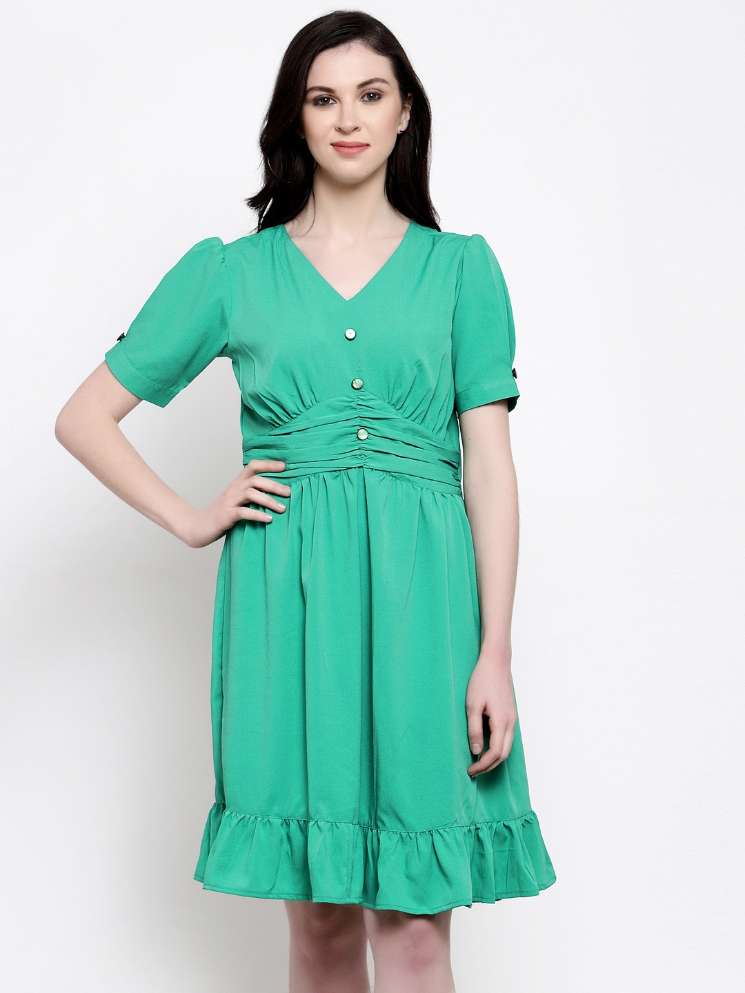 

Karmic Vision Women Green Solid Fit and Flare Dress