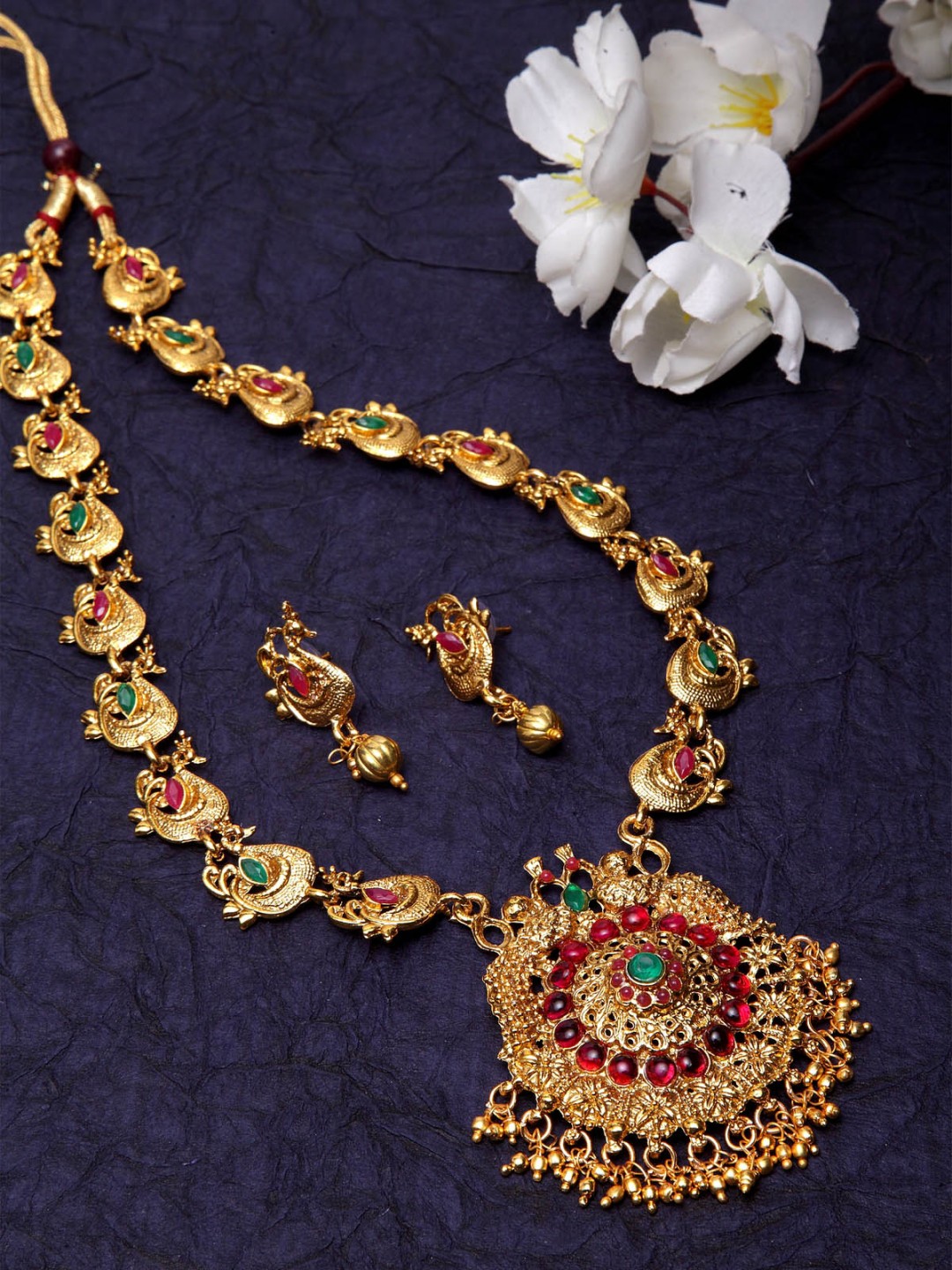 

Shining Diva Gold-Plated Maroon & Green Stone Studded Antique Jewellery Set