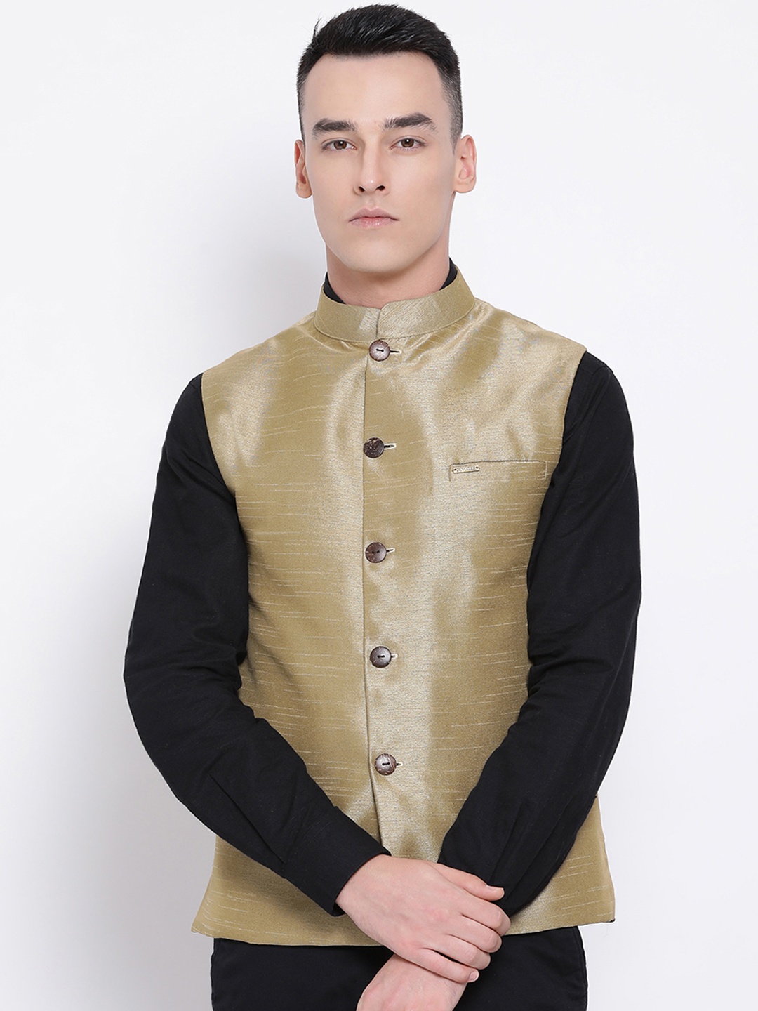 

DEVOILER Men Gold-Toned Solid Pure Cotton Nehru Jacket, Beige