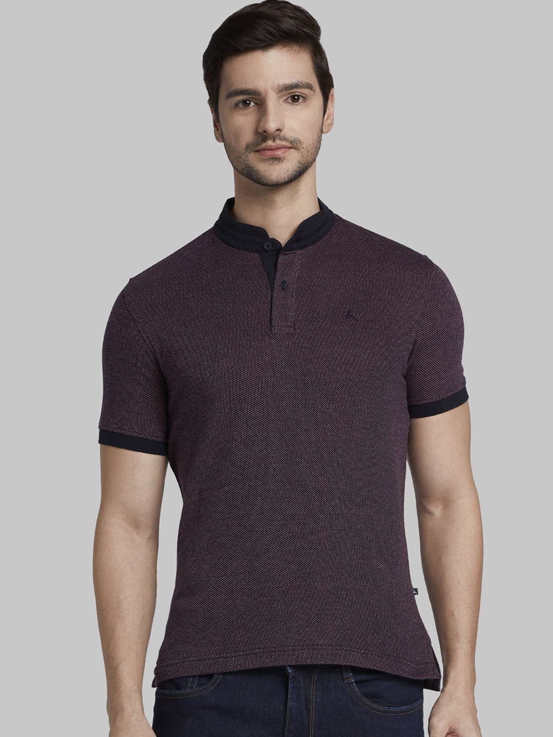 

Parx Men Brown Self Design Mandarin Collar T-shirt