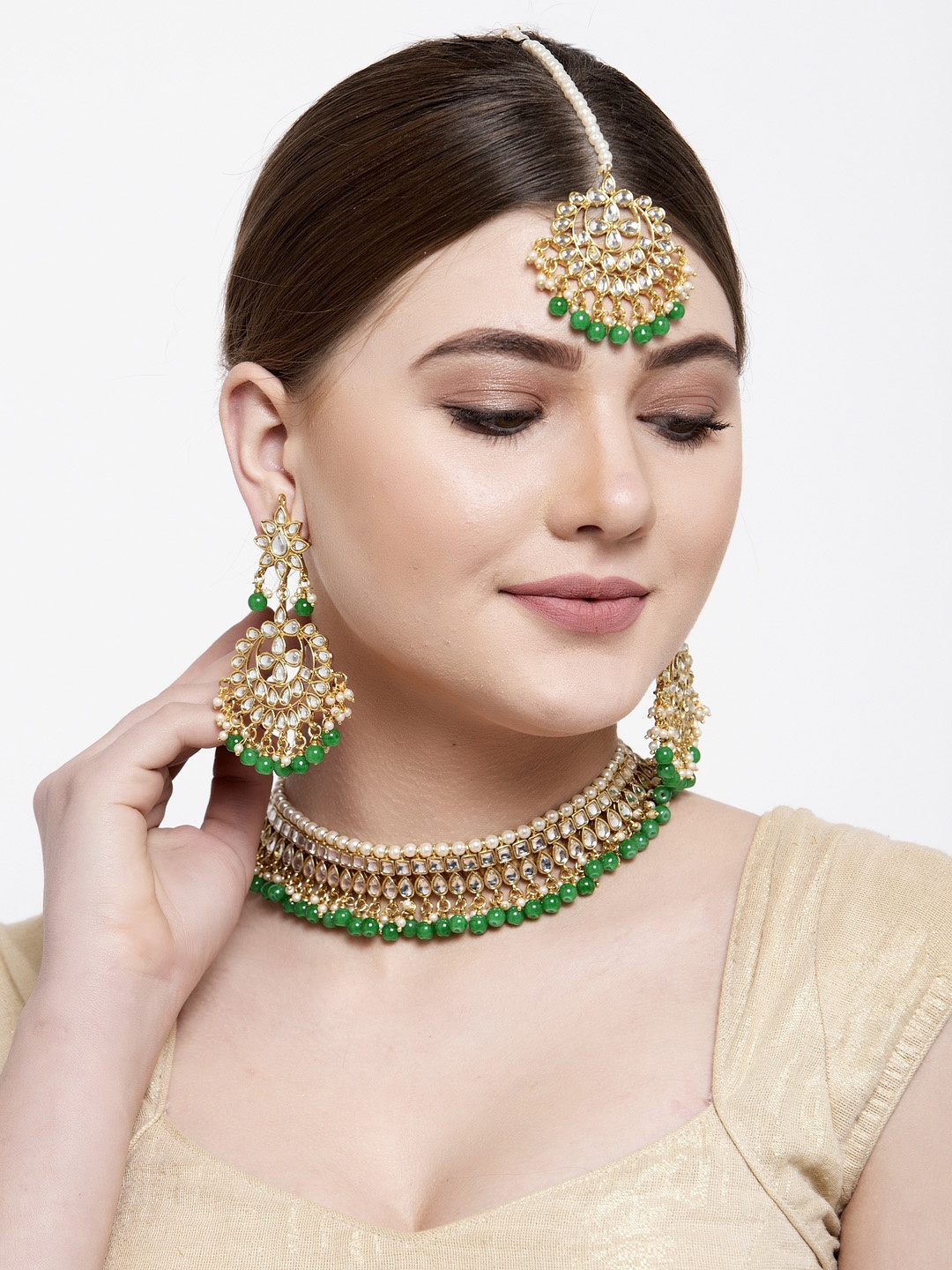 

Shining Diva Gold-Plated & Green Kundan Studded Beaded Jewellery Set