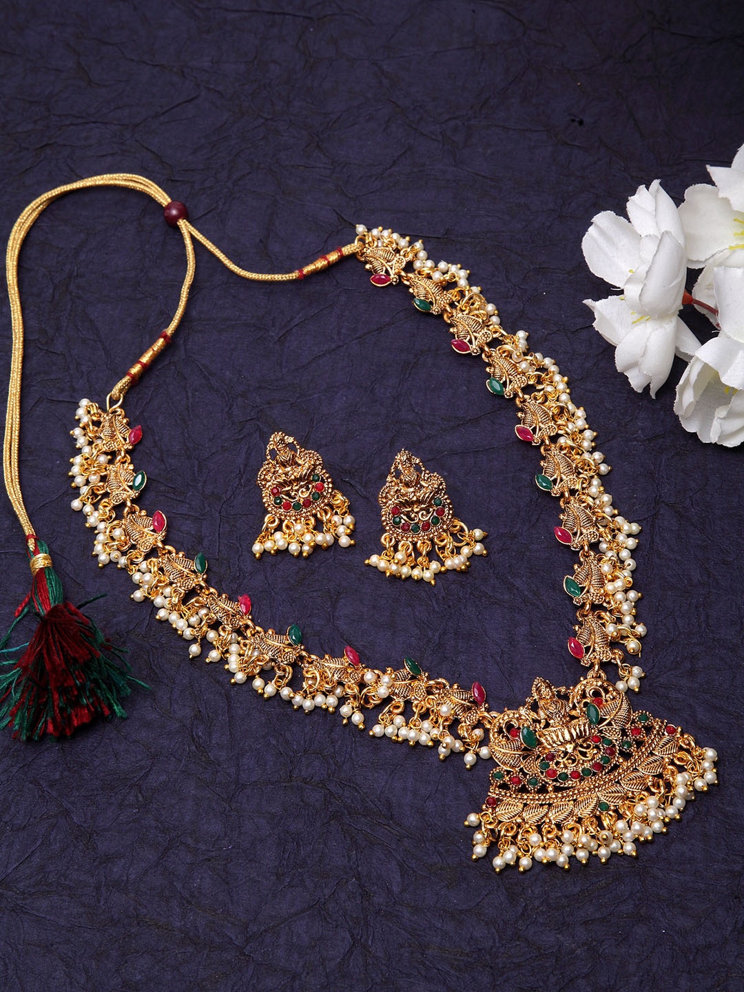 

Shining Diva Gold-Plated Red & Green Stone-Studded Beaded Antique Jewellery Set