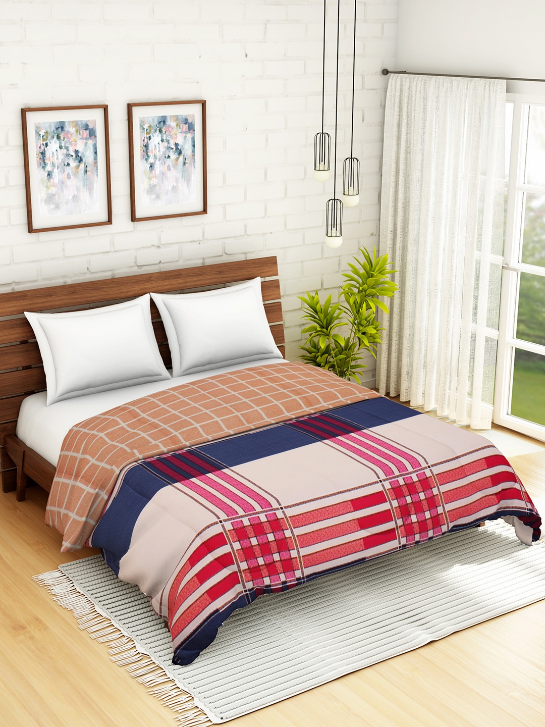 

WELHOME Blue & White Checked AC Room 110 GSM Double Bed Quilt