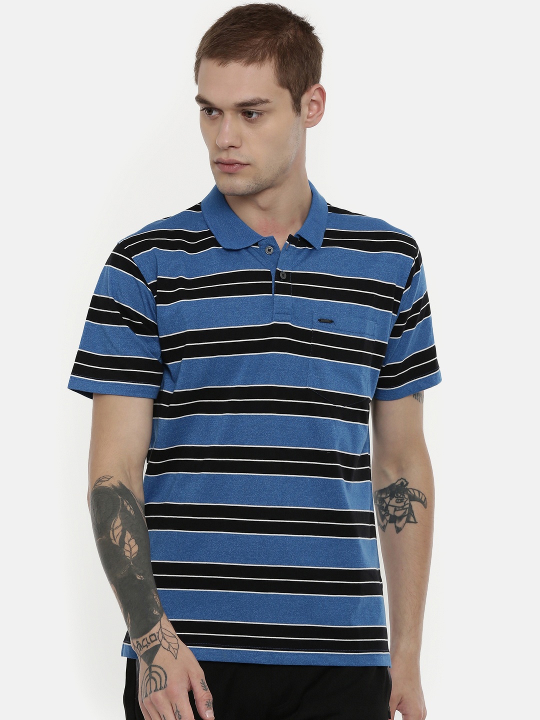 

Proline Men Blue & Black Striped Polo Collar T-shirt