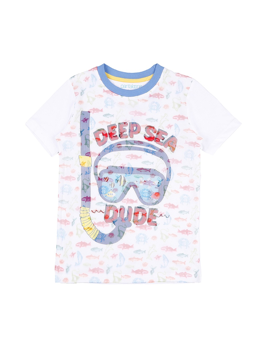 

Pantaloons Junior Boys White Printed Round Neck Pure Cotton T-shirt