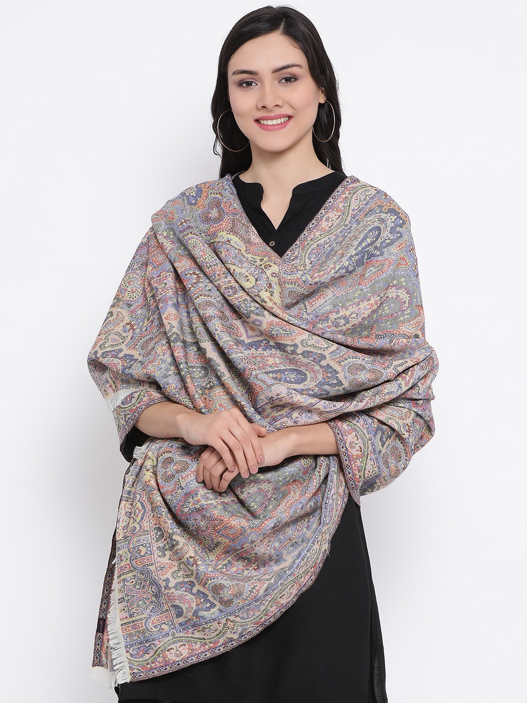 

SHINGORA Women Blue & Beige Woven Design Pure Woolen Shawl