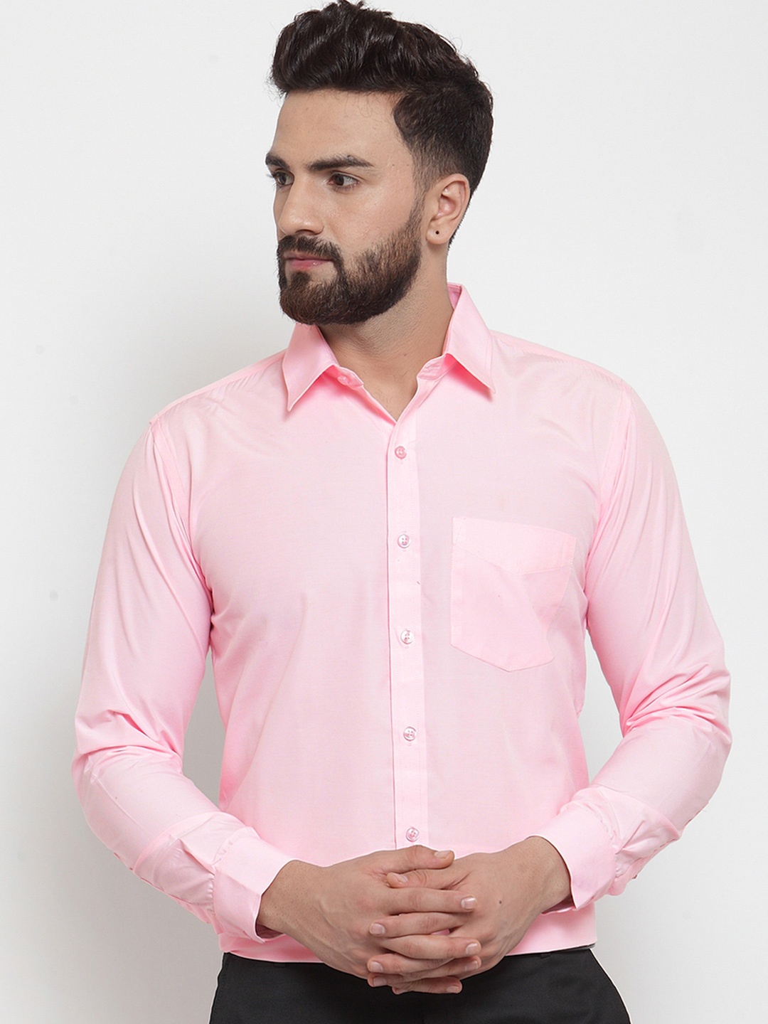 

English Navy Men Pink Slim Fit Solid Formal Shirt