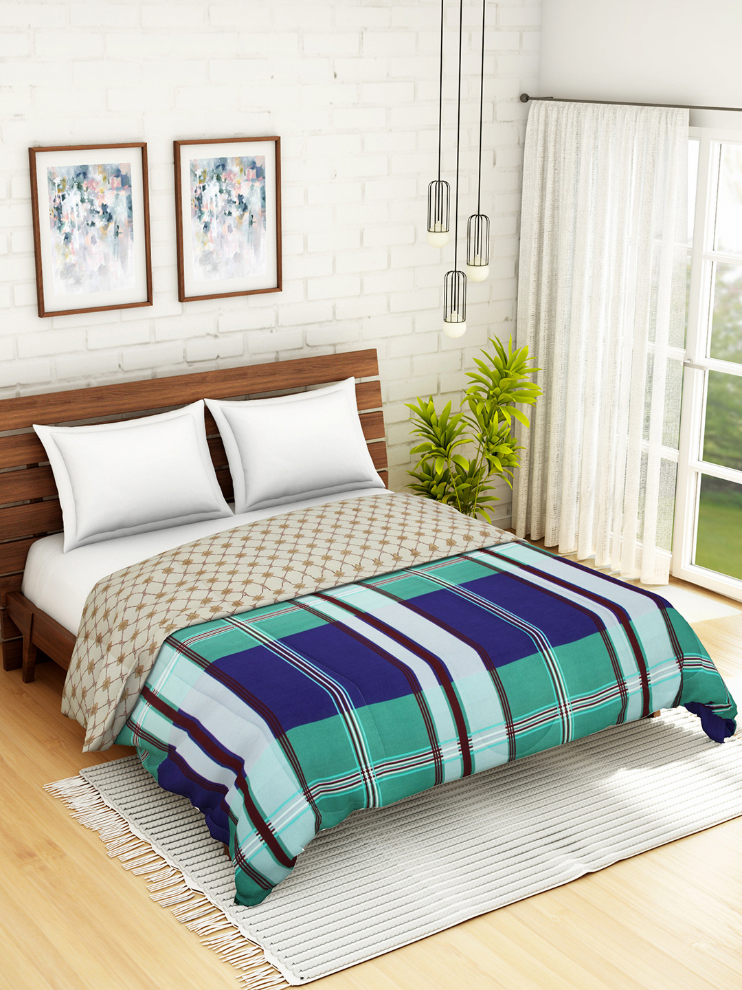 

WELHOME Blue & Green Checked AC Room 110 GSM Double Bed Quilt