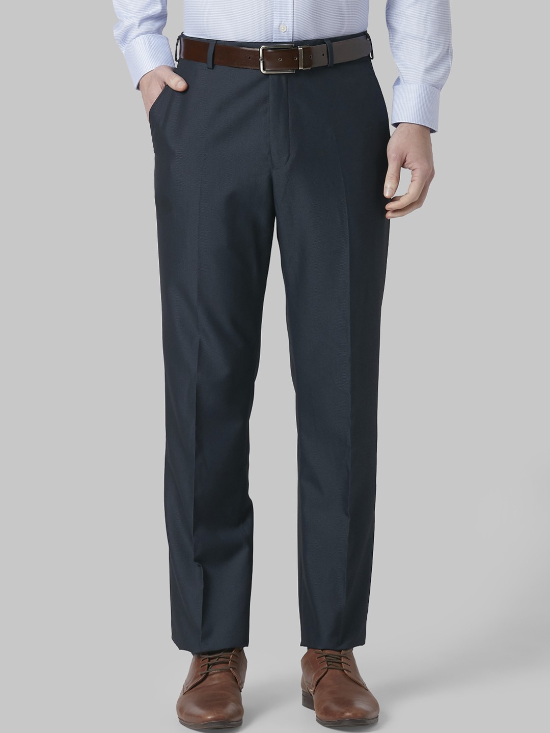 

Park Avenue Men Navy Blue Regular Fit Self Design Formal Trousers