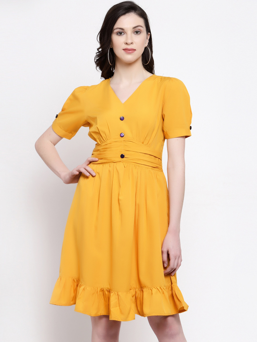 

Karmic Vision Women Mustard Solid Fit and Flare Dress