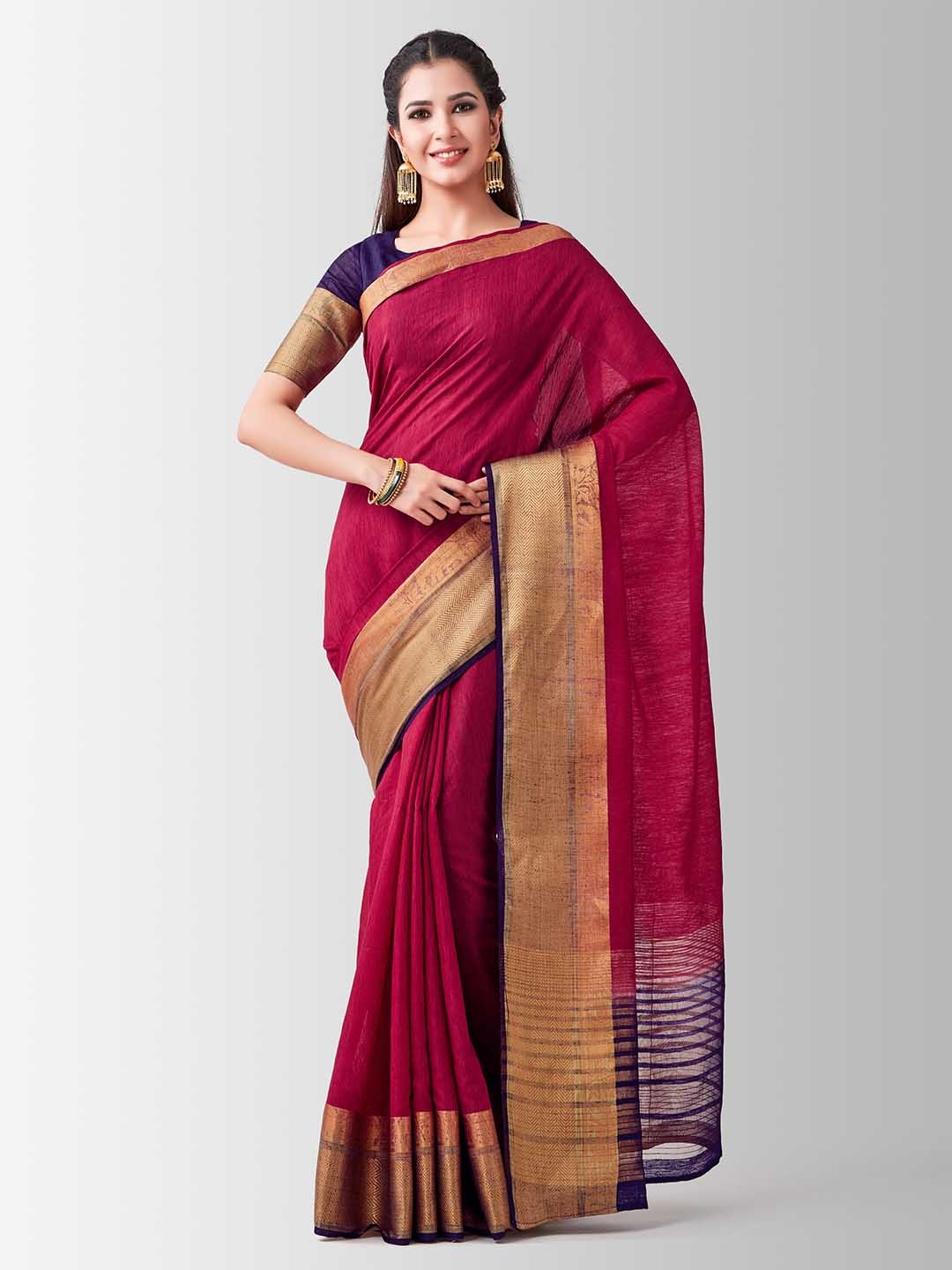 

Mitera Maroon Linen Blend Solid Kanjeevaram Saree