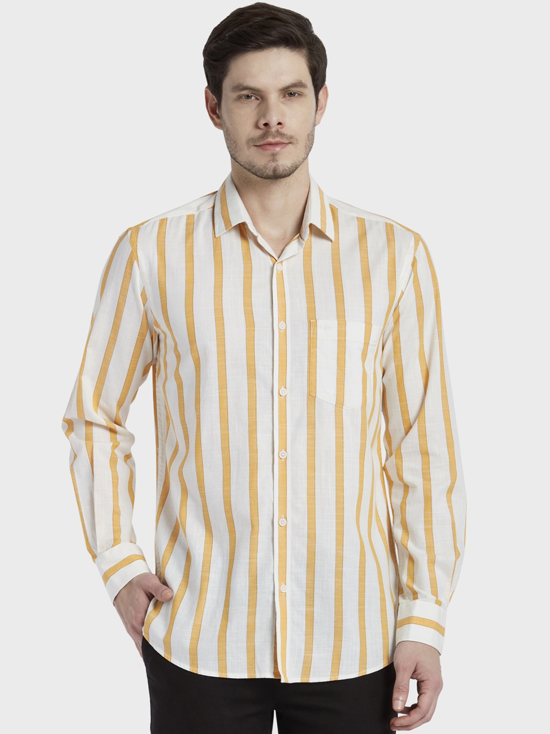 

ColorPlus Men Off-White & Yellow Tailored Fit Striped Casual Shirt