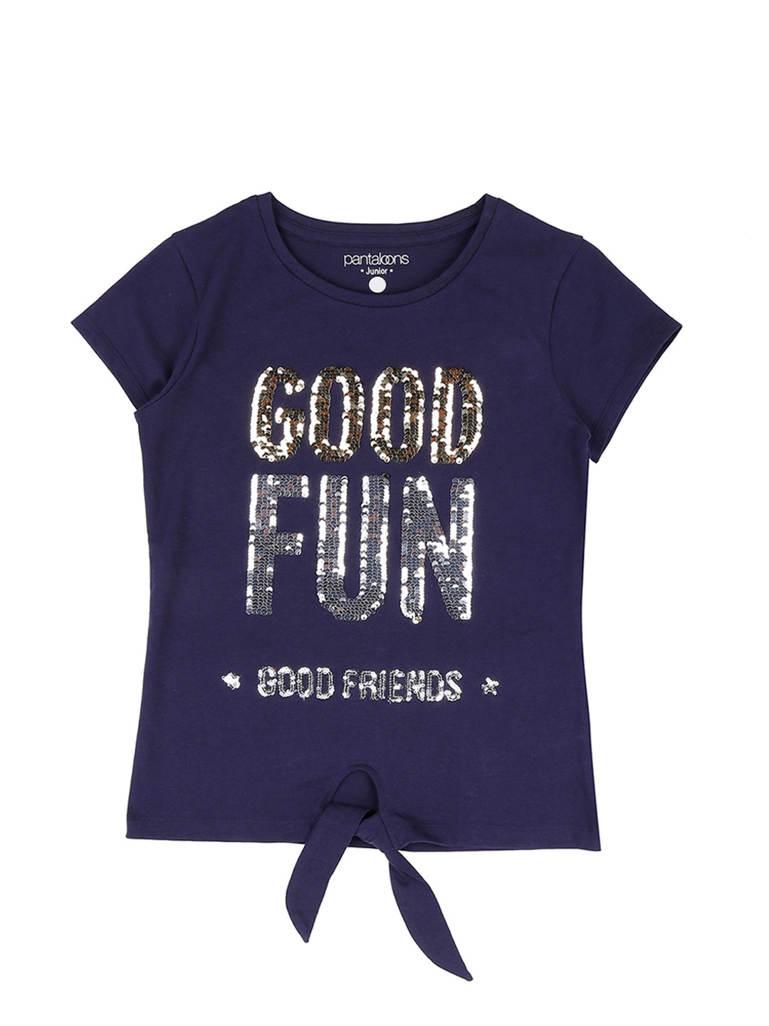 

Pantaloons Junior Girls Navy Blue Printed Round Neck Pure Cotton T-shirt